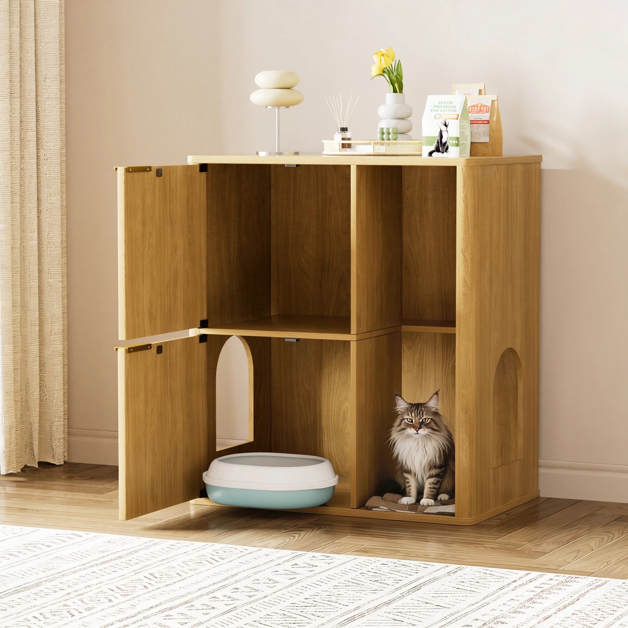 31.5" Light Wood Cat Litter Cabinet with Cat Tree, Hidden Litter Box Furniture with Dual Doors & Storage Shelves, Multi-Functional Pet Station for Living Room & Bedroom