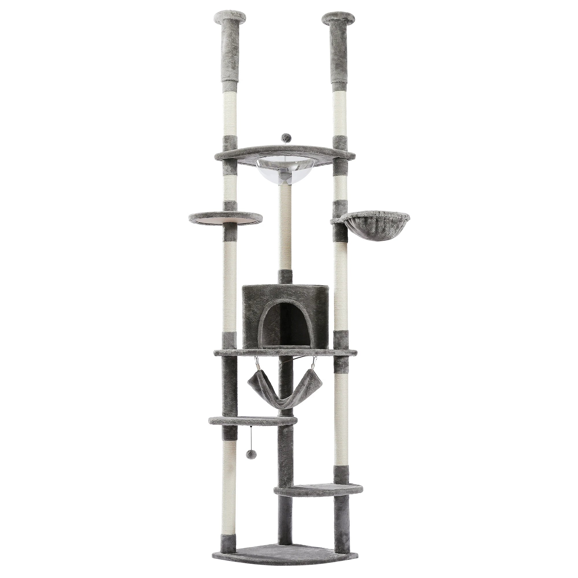 Floor to Ceiling Cat Tree Adjustable Cat Tower Tall Kitty Climbing Play House with Scratching Posts Cozy Condo Perches Hammock