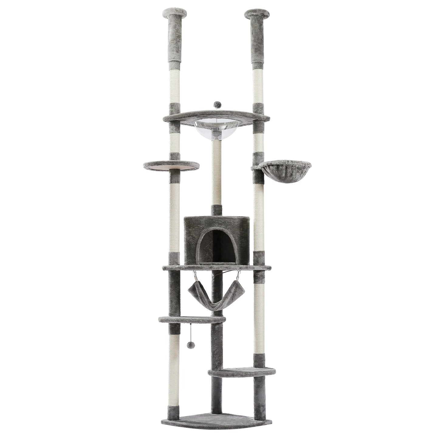 Floor to Ceiling Cat Tree Adjustable Cat Tower Tall Kitty Climbing Play House with Scratching Posts Cozy Condo Perches Hammock
