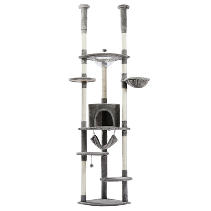 Floor to Ceiling Cat Tree Adjustable Cat Tower Tall Kitty Climbing Play House with Scratching Posts Cozy Condo Perches Hammock
