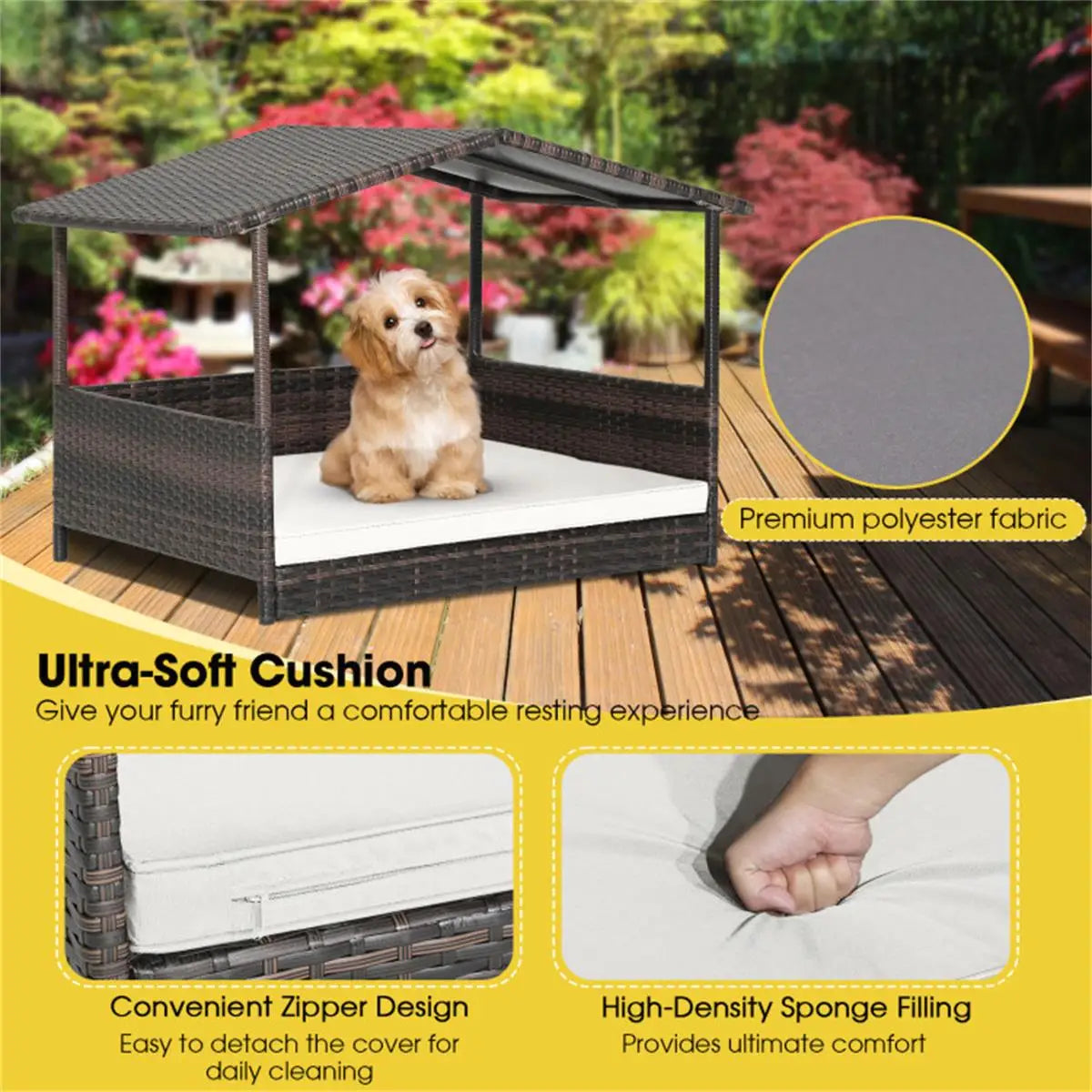 Outdoor Dog House with Canopy - Stylish Rattan Bed & Waterproof Cushion for Comfort