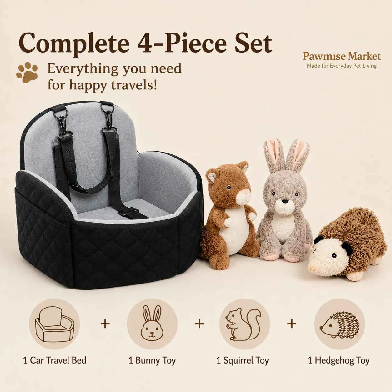 4-Piece Dog Car Seat Bed Set, Cozy Travel Pet Bed with Adjustable Securing Straps & 3 Squeaky Plush Toys, Soft Car Seat Cushion for Small Dogs and Puppies