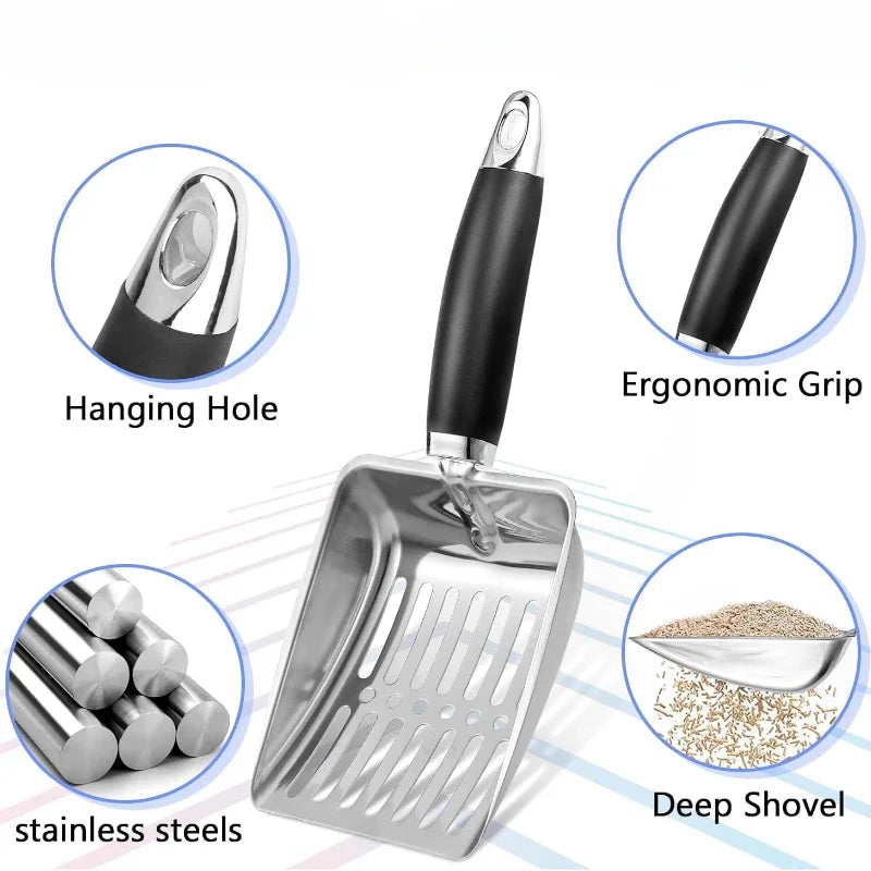 Stainless Steel Cat Litter Scoop with Rubber Handle Metal Kitty Scooper Sturdy Mesh Scooper Litter Filter Pet Cleaning Tools