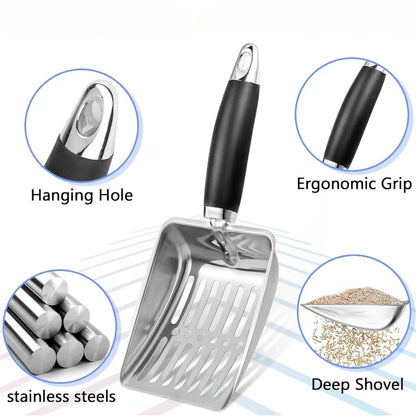 Stainless Steel Cat Litter Scoop with Rubber Handle Metal Kitty Scooper Sturdy Mesh Scooper Litter Filter Pet Cleaning Tools