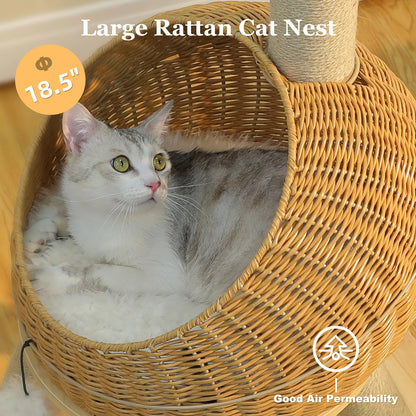 Dinosaur Cat Tree Tower with Sisal Scratching Post Large Rattan Cat Condo for Indoor Wicker Cat Bed with Removable Mat Cat Toys