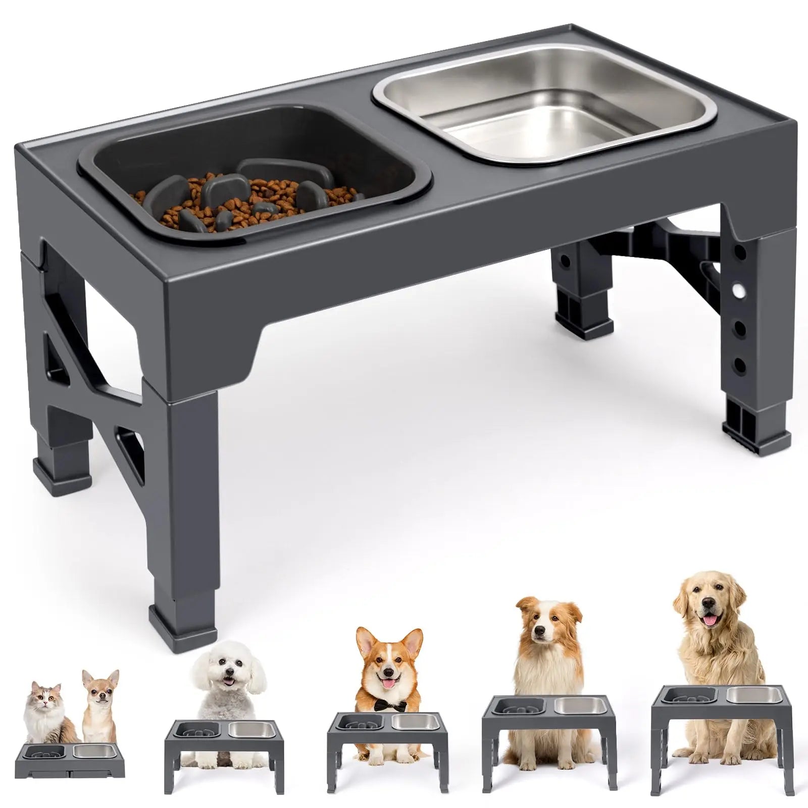 Dual Elevated Slow Feeder Dog Bowls With Foldable Stand