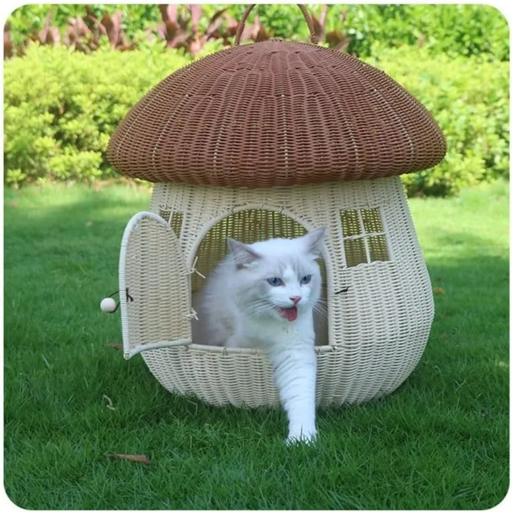 High Concerned Chemical Pet Nest Mushroom House Rattan Raised Cat Bed Kennel Indoor