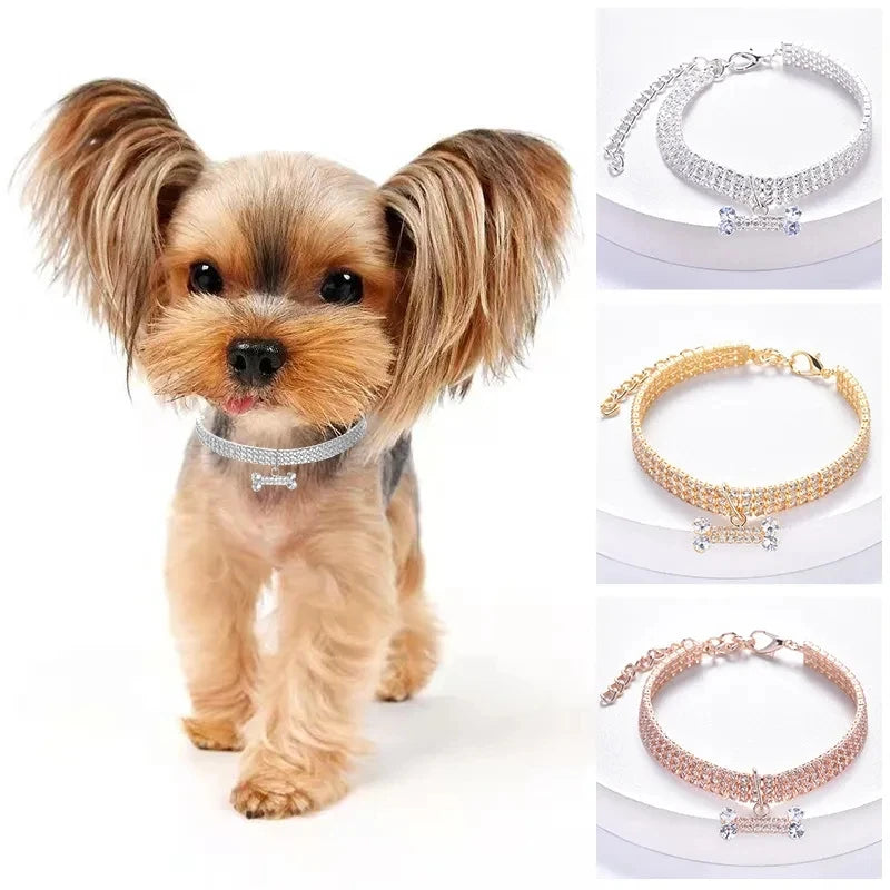 Adjustable Pet Necklace Crystal Collar Rhinestone Bone Pendant