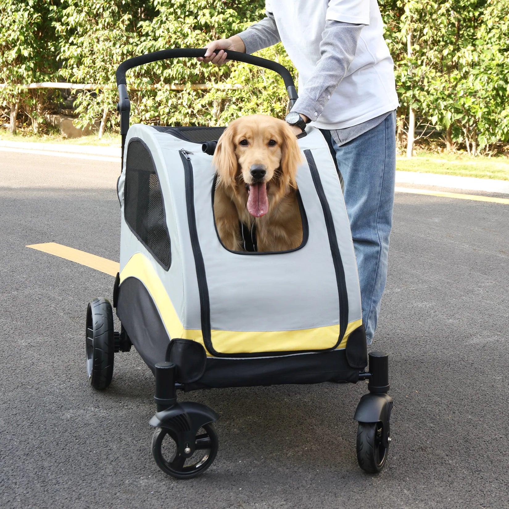 Portable 4Wheel Foldable Dog Stroller For Large Dogs Breathable Carrier