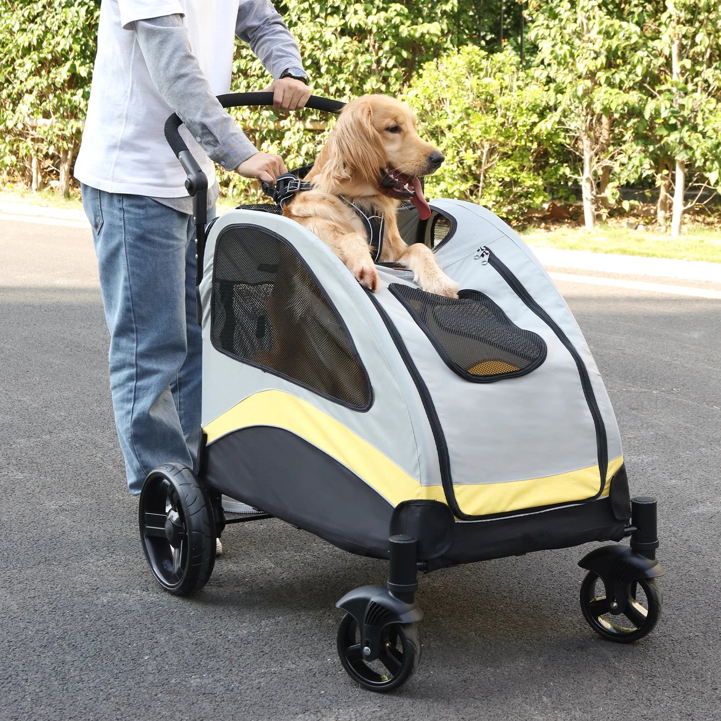 Portable 4Wheel Foldable Dog Stroller For Large Dogs Breathable Carrier