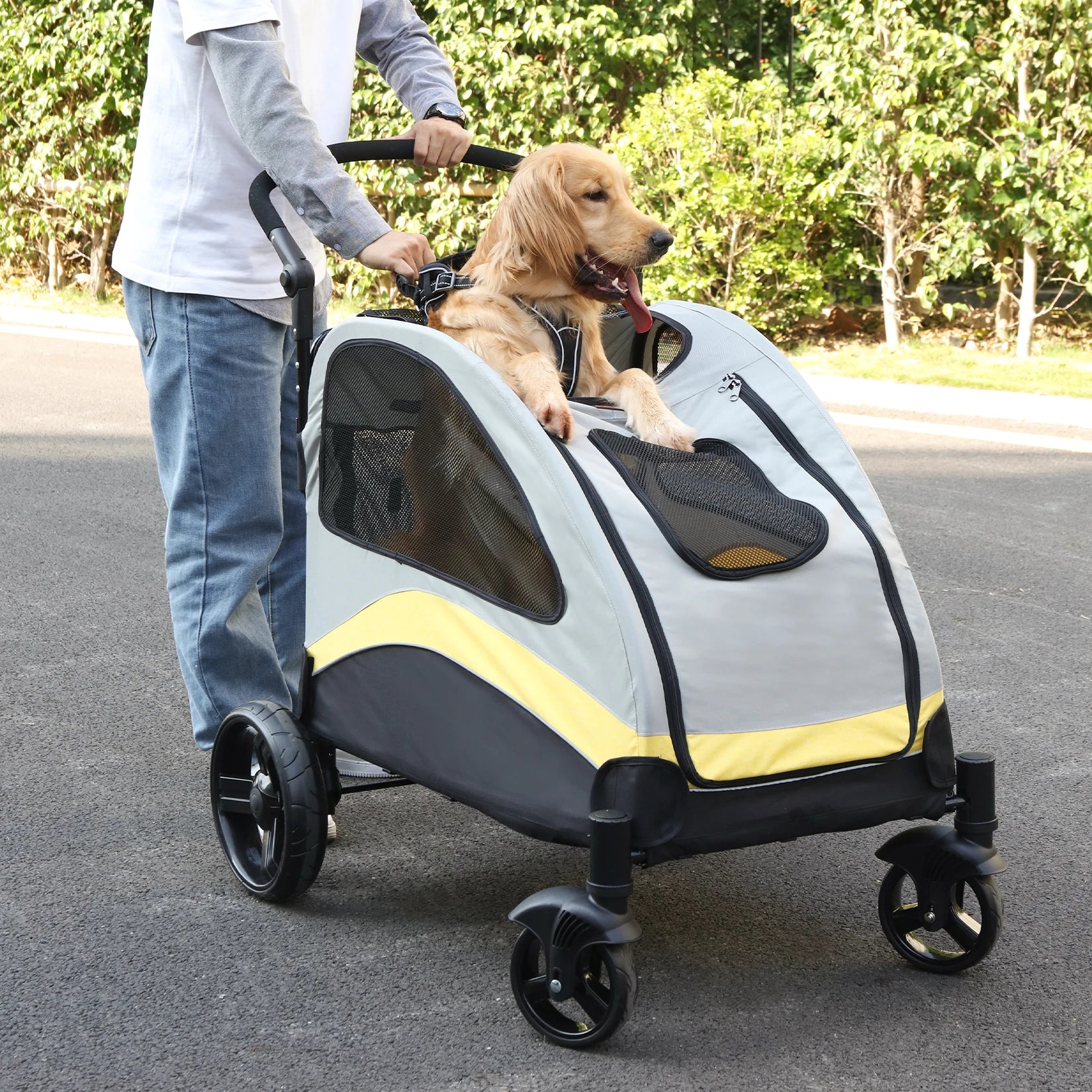 Portable 4Wheel Foldable Dog Stroller For Large Dogs Breathable Carrier