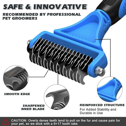 3PC Pet Grooming Kit: Rake, Comb & Flea Comb for Dogs Cats, Double-Sided Dematting Brush, Removes Tangles & Loose Hair (Blue)