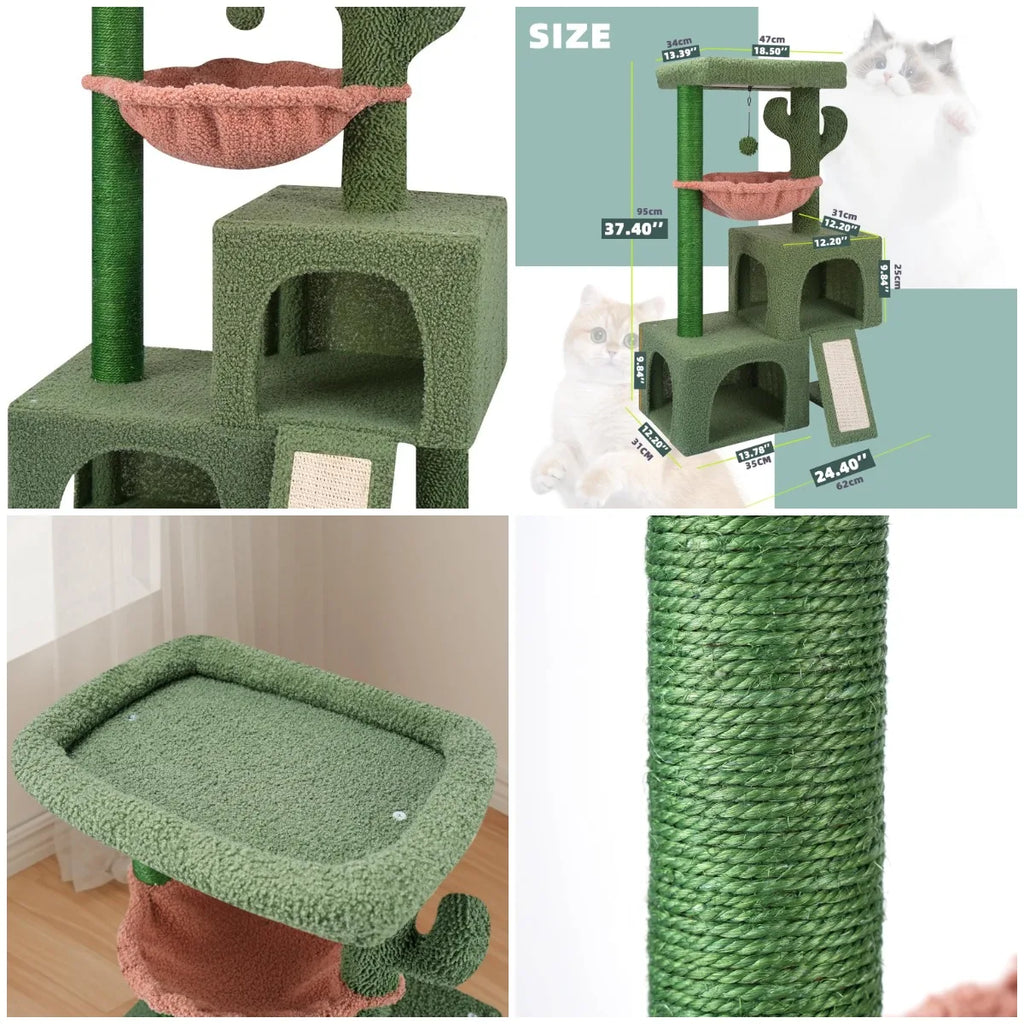 Cactus Cat Tree Tower with Twin Condos, Scratching Post, Hammock, Toys - Green