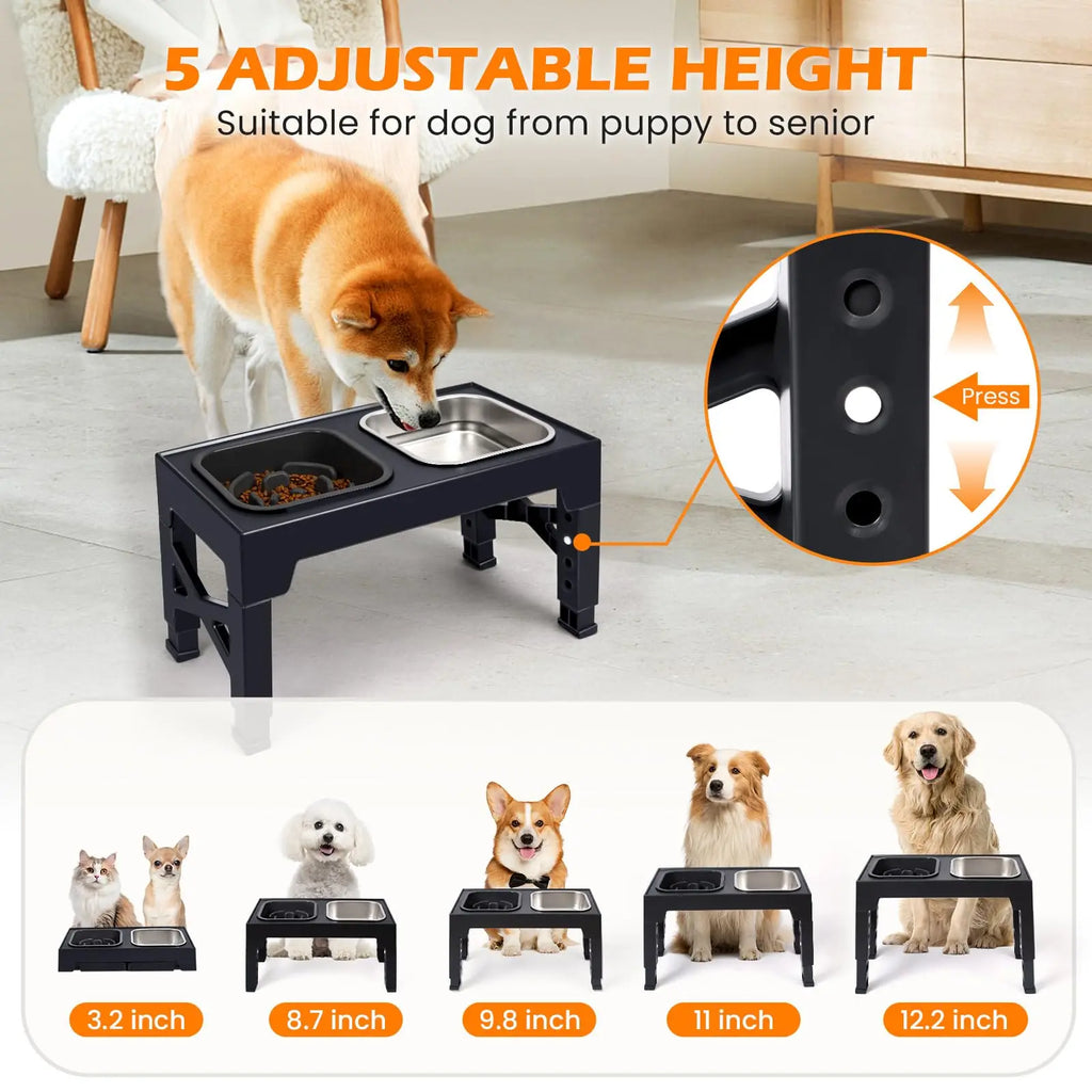 Dual Elevated Slow Feeder Dog Bowls With Foldable Stand