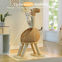 Dinosaur Cat Tree Tower with Sisal Scratching Post Large Rattan Cat Condo for Indoor Wicker Cat Bed with Removable Mat Cat Toys