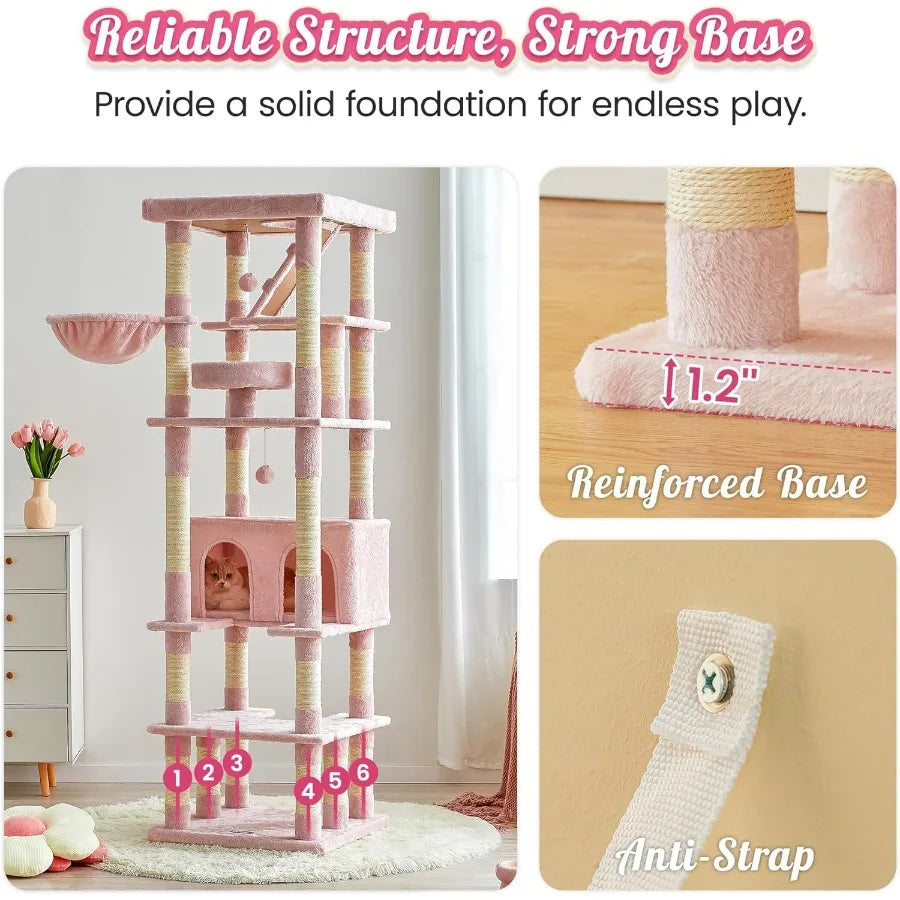 74.8 Inches Pink Extra Large Cat Tree Tall Cat Tower for Indoor Cats with Large Cat Condo Wide Top Perch Hammock Sisal-Covered