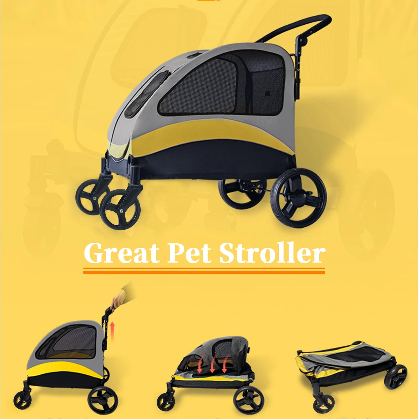 Portable 4Wheel Foldable Dog Stroller For Large Dogs Breathable Carrier