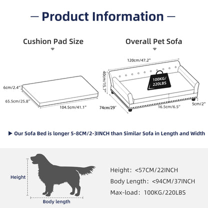 Extra Large Dog Sofa Couch Bed for Medium to Large Dogs Elevated Pet Sofa Lounge Furniture Removable Sponge Cushion