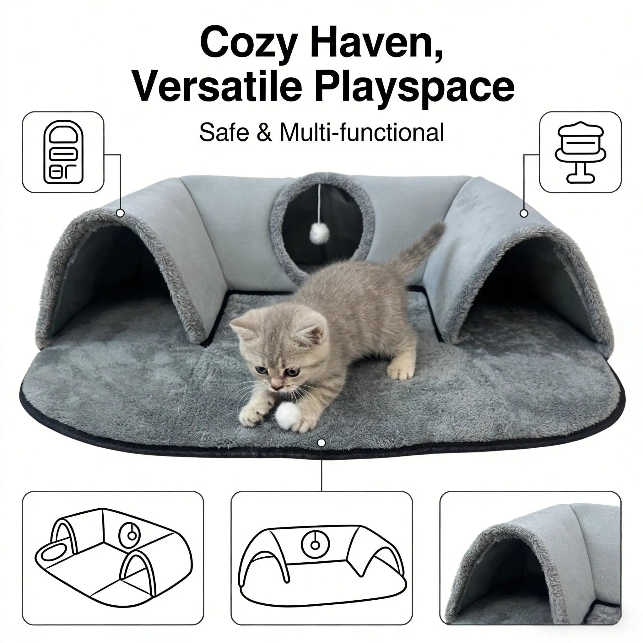 2 In 1 Cat Tunnel Bed With Soft Plush Cushion Multisize Warm Hideaway Cave With Hanging Pom-pom Toy Interactive Play Rest House Washable Pet Sleeping Mat For Kitten Small Indoor Cats