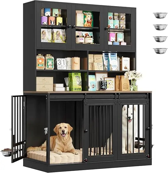 Double Dog Crate With Storage Hutch And Feeding Bowls Indoor