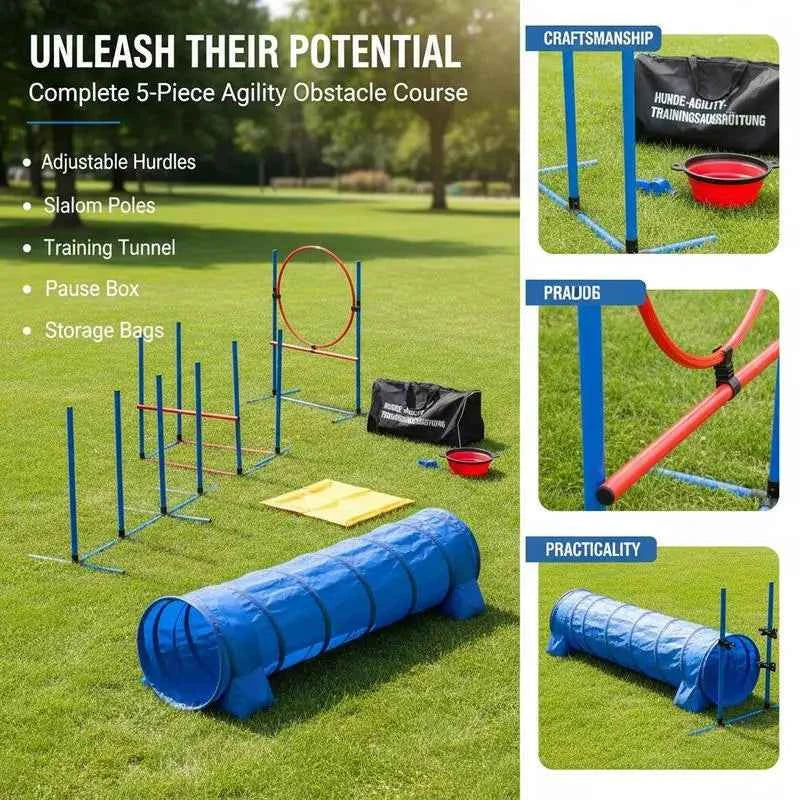Dog agility training equipment, 5-piece set with adjustable high hurdles, 6 slalom poles, tunnel, jump ring, rest box, whistle, collapsible bowl, obstacle course set for puppies with storage bags