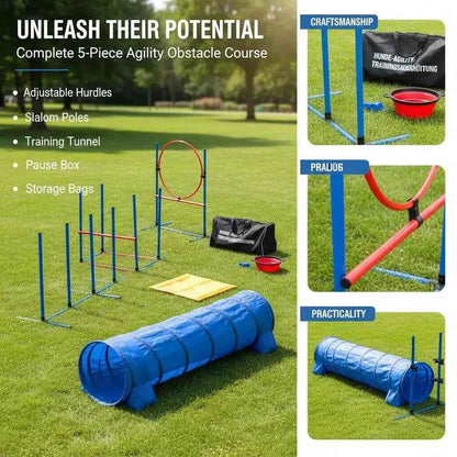 Dog agility training equipment, 5-piece set with adjustable high hurdles, 6 slalom poles, tunnel, jump ring, rest box, whistle, collapsible bowl, obstacle course set for puppies with storage bags