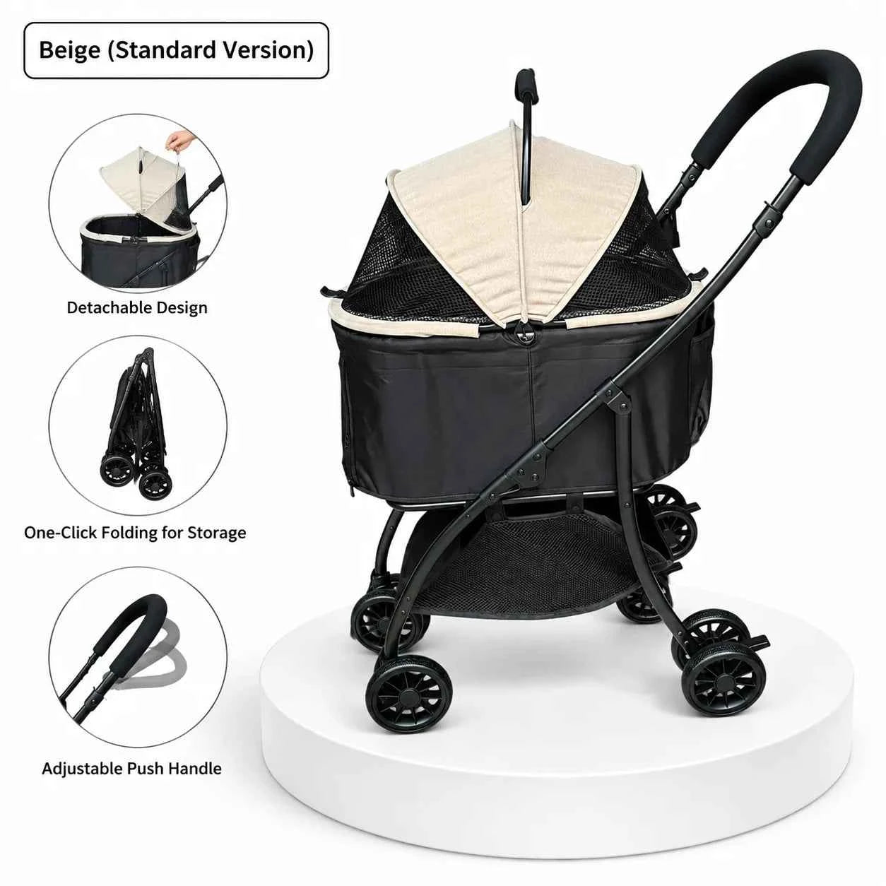 Pet Stroller 2-in-1 Detachable with Removable Lightweight Carrier Basket One-Click Fold 4-Wheel Dog Cat Trolley Breathable Mesh Windows Large Storage Space for Small Medium Pets