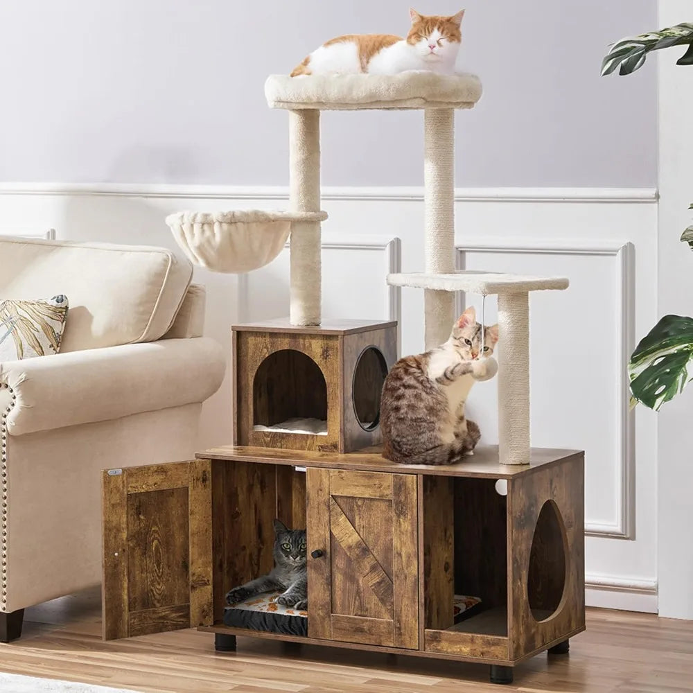 Cat Tree Tower With Litter Box Enclosure And Scratching Posts