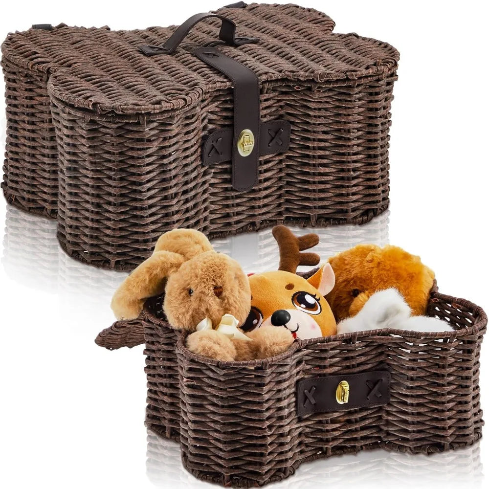 Dog Toy Basket With Lid Bone Shaped Natural Wicker Organizer