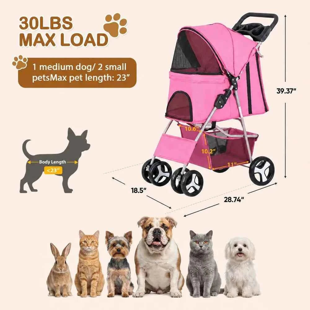 Pet Stroller 4 Wheels Dog Cat Stroller or Small Medium Dog Cats Carrier Jogger Travel oldable Puppy with Storage Basket and Cup