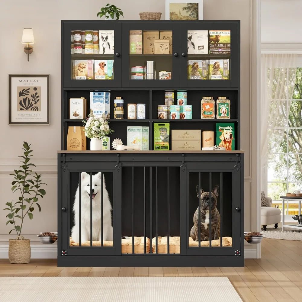 Double Dog Crate With Storage Hutch And Feeding Bowls Indoor