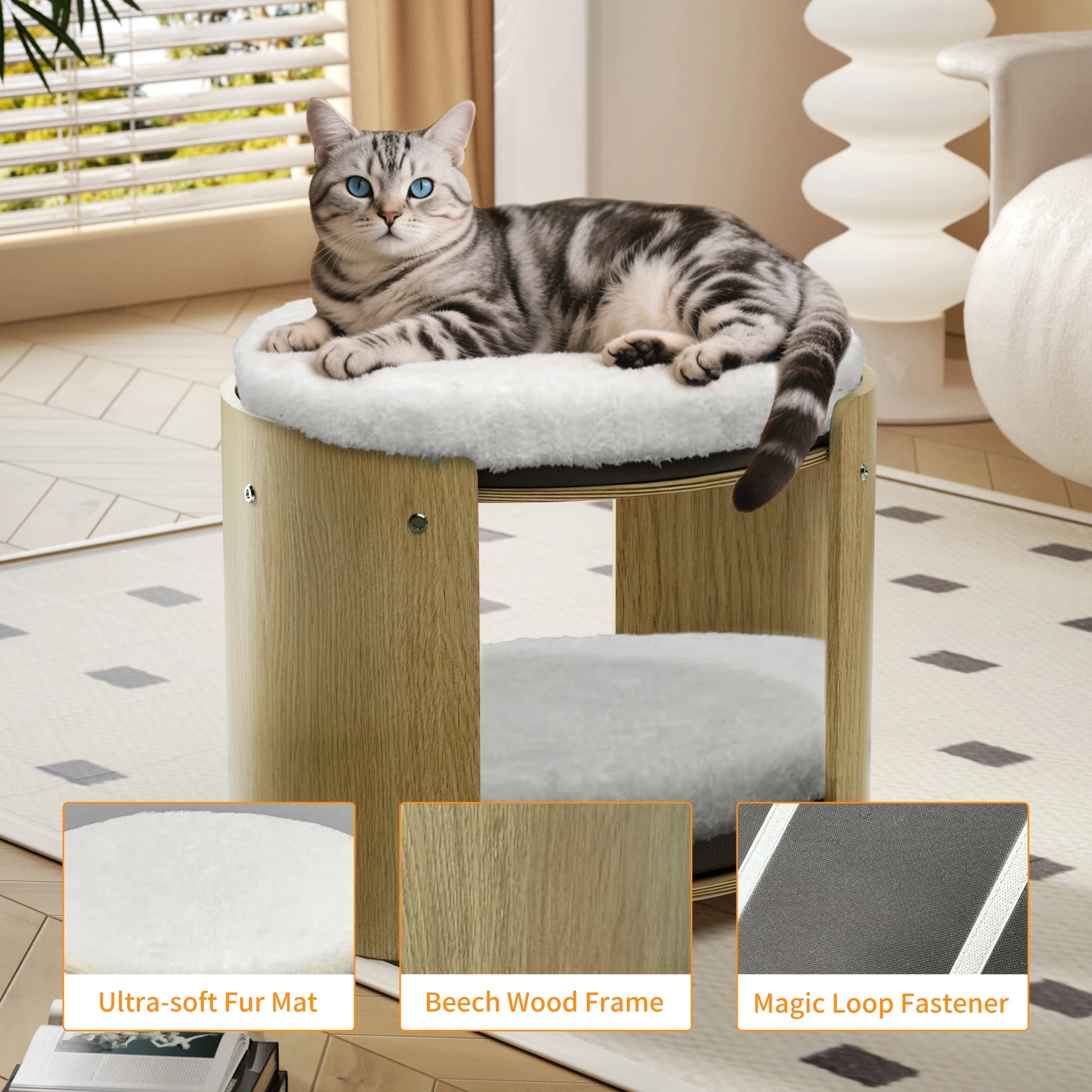 BINGOPAWCN Elevated Cat Bed Two-Tier Cat Tree Bamboo Frame