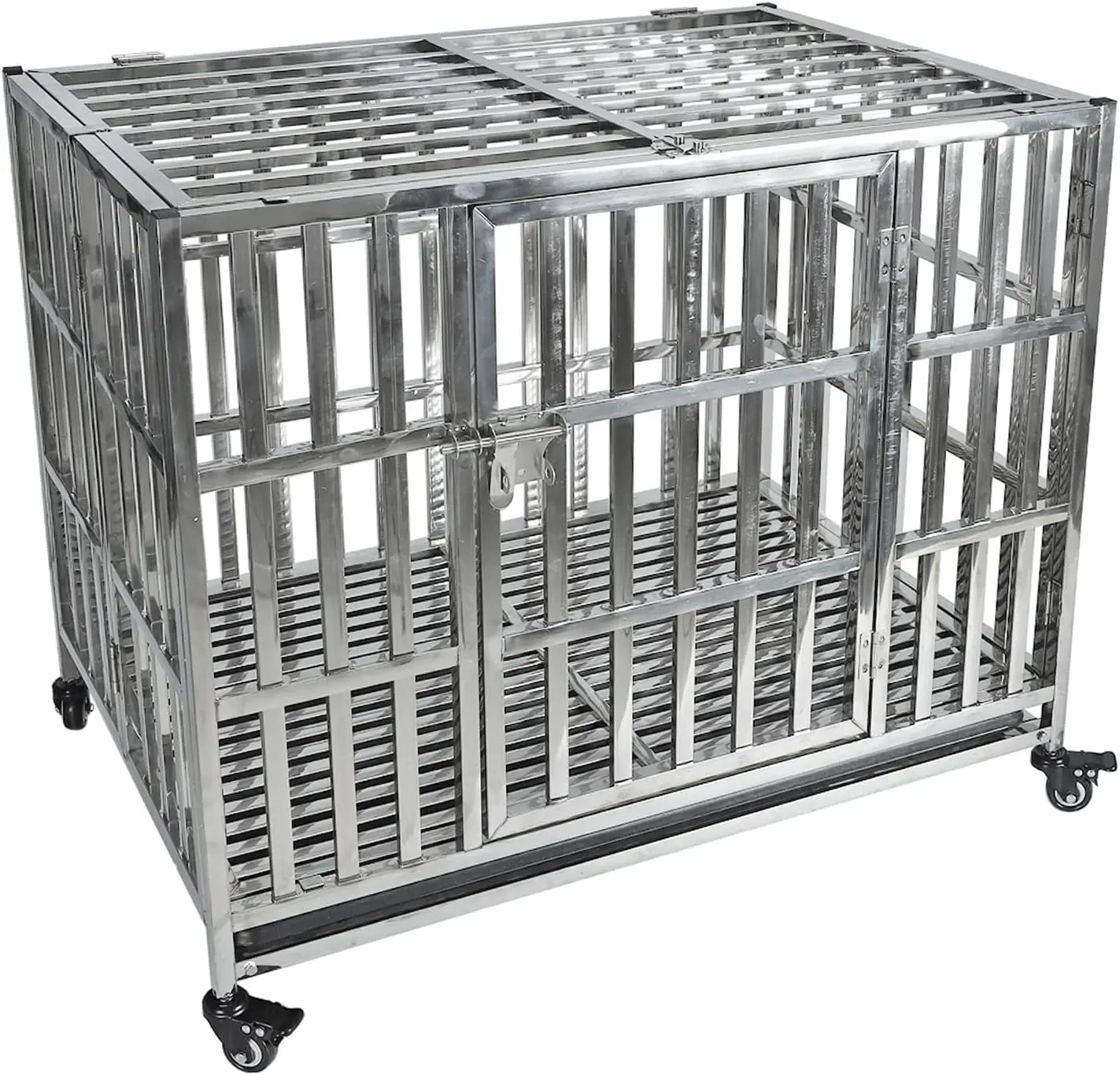 Stackable Stainless Steel Dog Crate Heavy Duty Pet Kennel Foldable Indestructible Dog Cage Playpen with Lockable Rolling Wheels