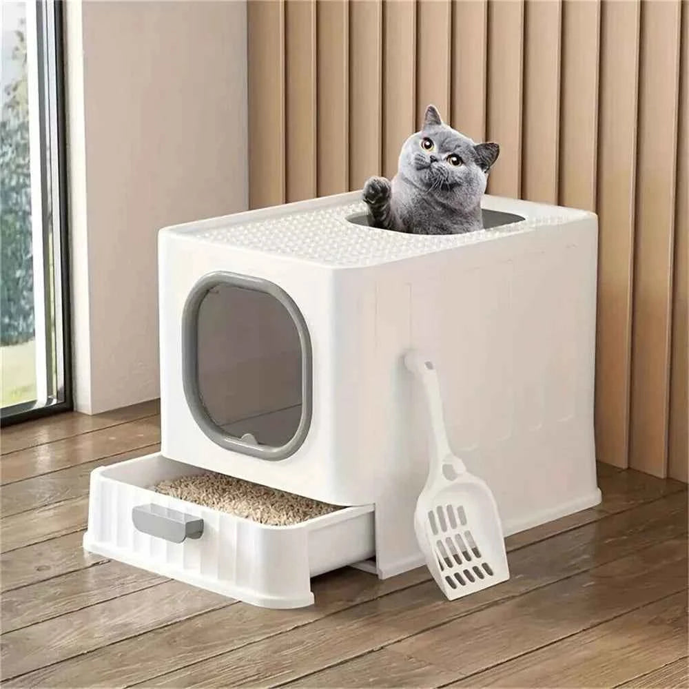 Large Cat Litter Box Pet Toilet Skylight Enclosed Drawer Scoop Covered Tray Pet Kitten Training Toilet with Scoop
