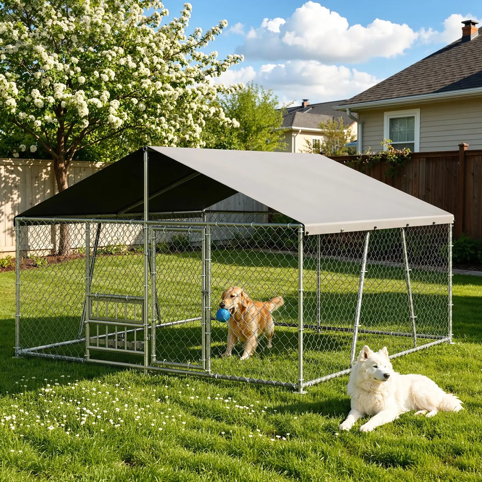 10x10x5.9FT Outside Dog Enclosure With PE Waterproof Roof, 360° Feeding Door, Heavy Duty Lockable Galvanized Kennel