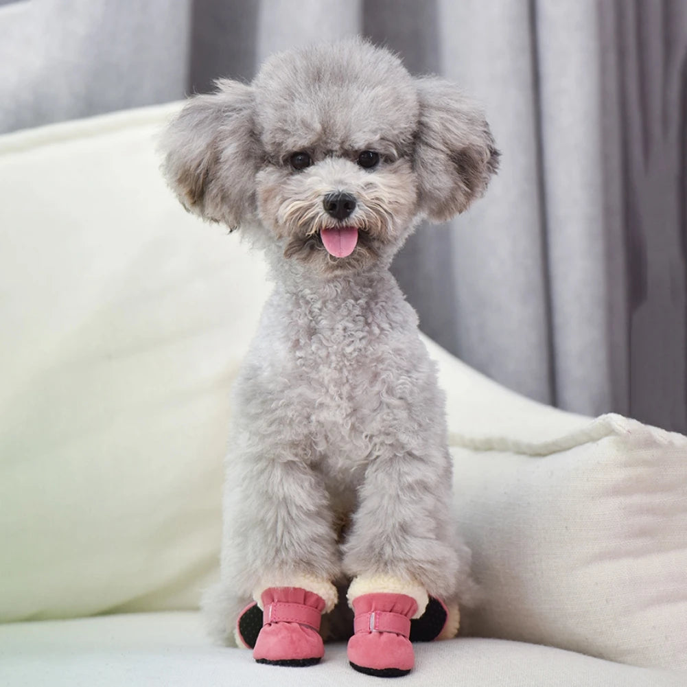 4Pcs Pet Dog Snow Boots Autumn Winter Warm Plush Dog Shoes for Small Medium Dog Cats S-XL Soft with Non-Slip Soles