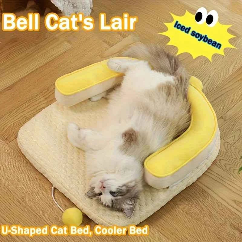 Summer Cooling Cat Bed - Self-Cooling Pet Mat, Breathable Dog Mattress, Ice Gel Cooling Pad for Cats and Dogs, Plush Bell-Shaped Soft U-Shaped Nest, Elevated Cooling Bed for Indoor Pets