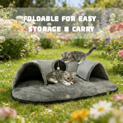 2 In 1 Cat Tunnel Bed With Soft Plush Cushion Multisize Warm Hideaway Cave With Hanging Pom-pom Toy Interactive Play Rest House Washable Pet Sleeping Mat For Kitten Small Indoor Cats