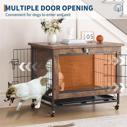 TWISTER.CK Dog Crate Furniture Double-Door Kennel with Wheels Removable Tray