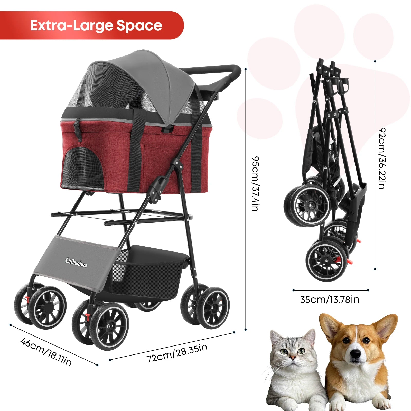 Chihuahua 2-In-1 Foldable 4-Wheel Pet Stroller With Detachable Carrier