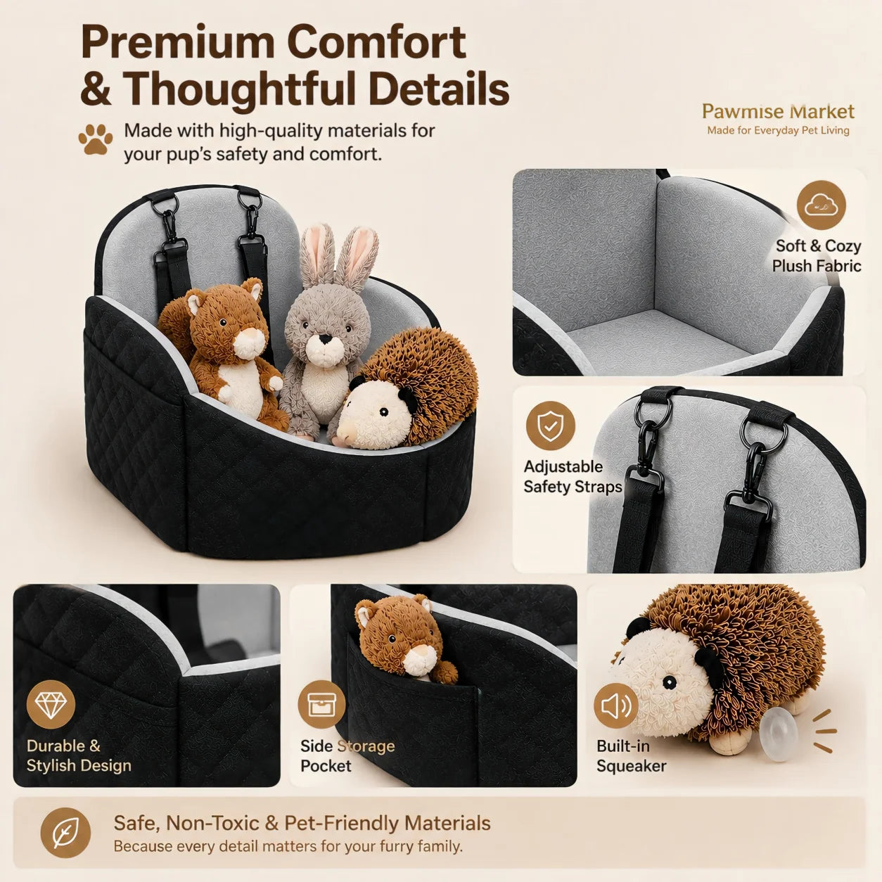 4-Piece Dog Car Seat Bed Set, Cozy Travel Pet Bed with Adjustable Securing Straps & 3 Squeaky Plush Toys, Soft Car Seat Cushion for Small Dogs and Puppies