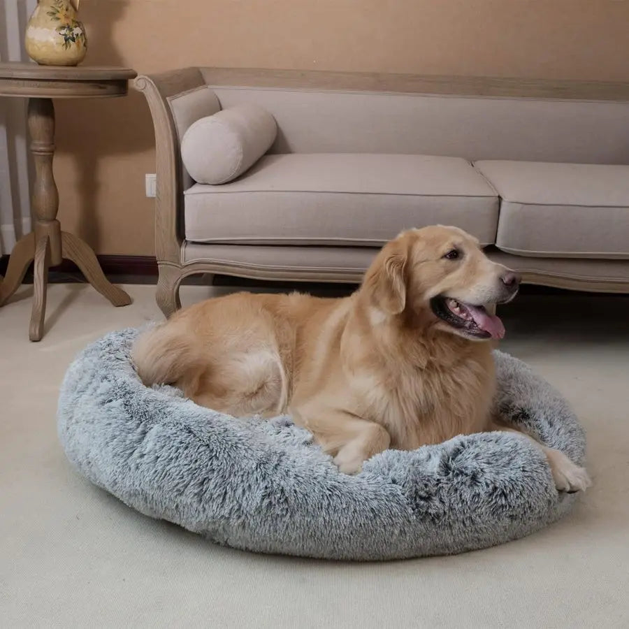 Oval Calming Donut Cuddler Pet Bed Shag Faux Fur Washable