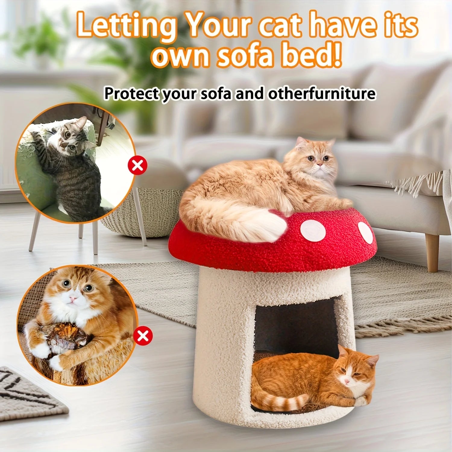 NONECN Mushroom Cat Bed Indoor Cat Cave With Removable Cushion