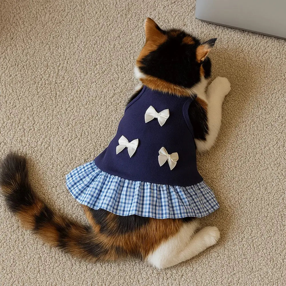Korean Style Pet Princess Skirt Bowknot Plaid Breathable Summer Apparel