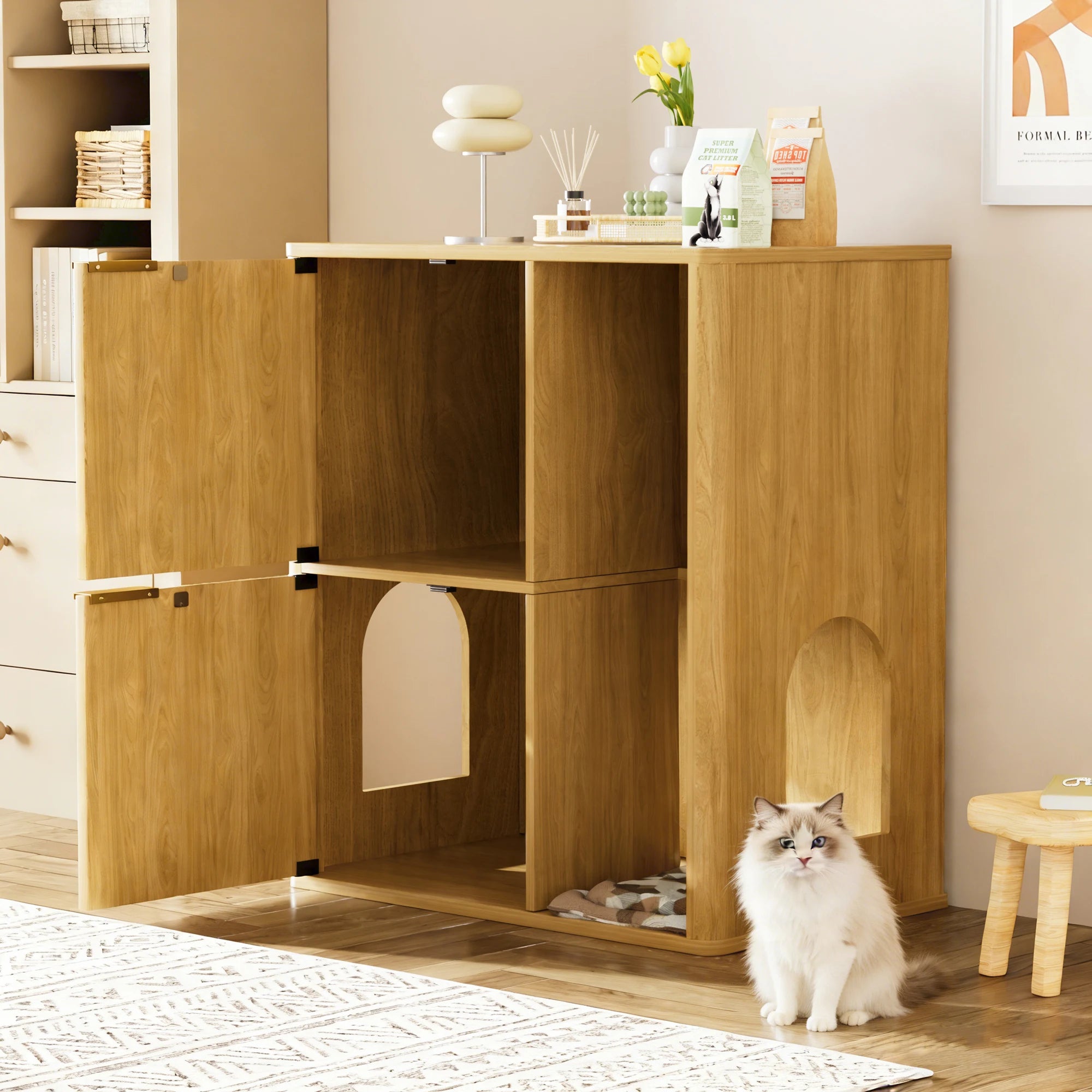 31.5" Light Wood Cat Litter Cabinet with Cat Tree, Hidden Litter Box Furniture with Dual Doors & Storage Shelves, Multi-Functional Pet Station for Living Room & Bedroom