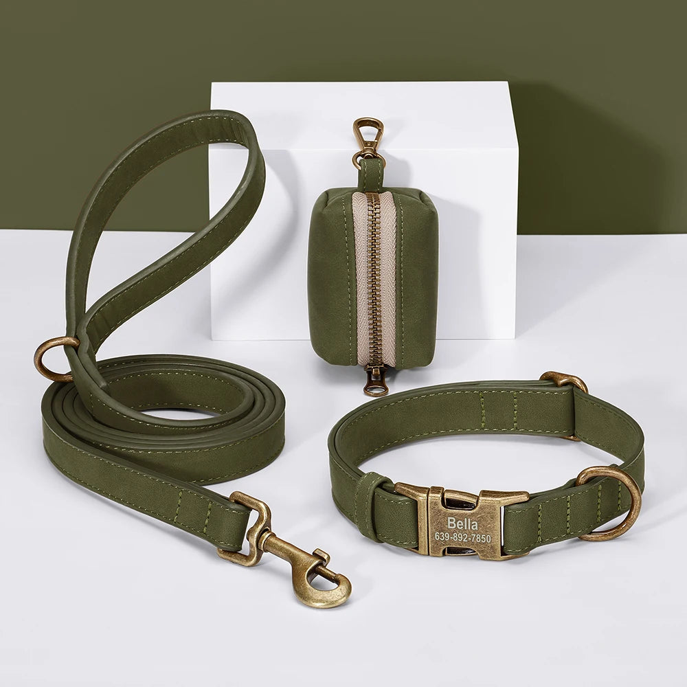 Didog Custom Dog Collar Leash Set With Poop Bag PU Leather