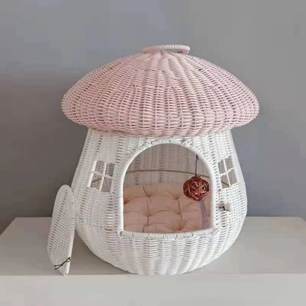 High Concerned Chemical Pet Nest Mushroom House Rattan Raised Cat Bed Kennel Indoor