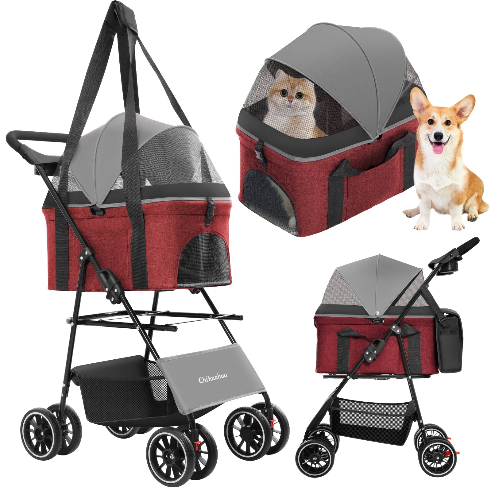 Chihuahua 2-In-1 Foldable 4-Wheel Pet Stroller With Detachable Carrier