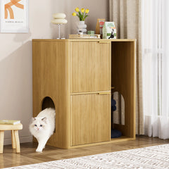 31.5" Light Wood Cat Litter Cabinet with Cat Tree, Hidden Litter Box Furniture with Dual Doors & Storage Shelves, Multi-Functional Pet Station for Living Room & Bedroom