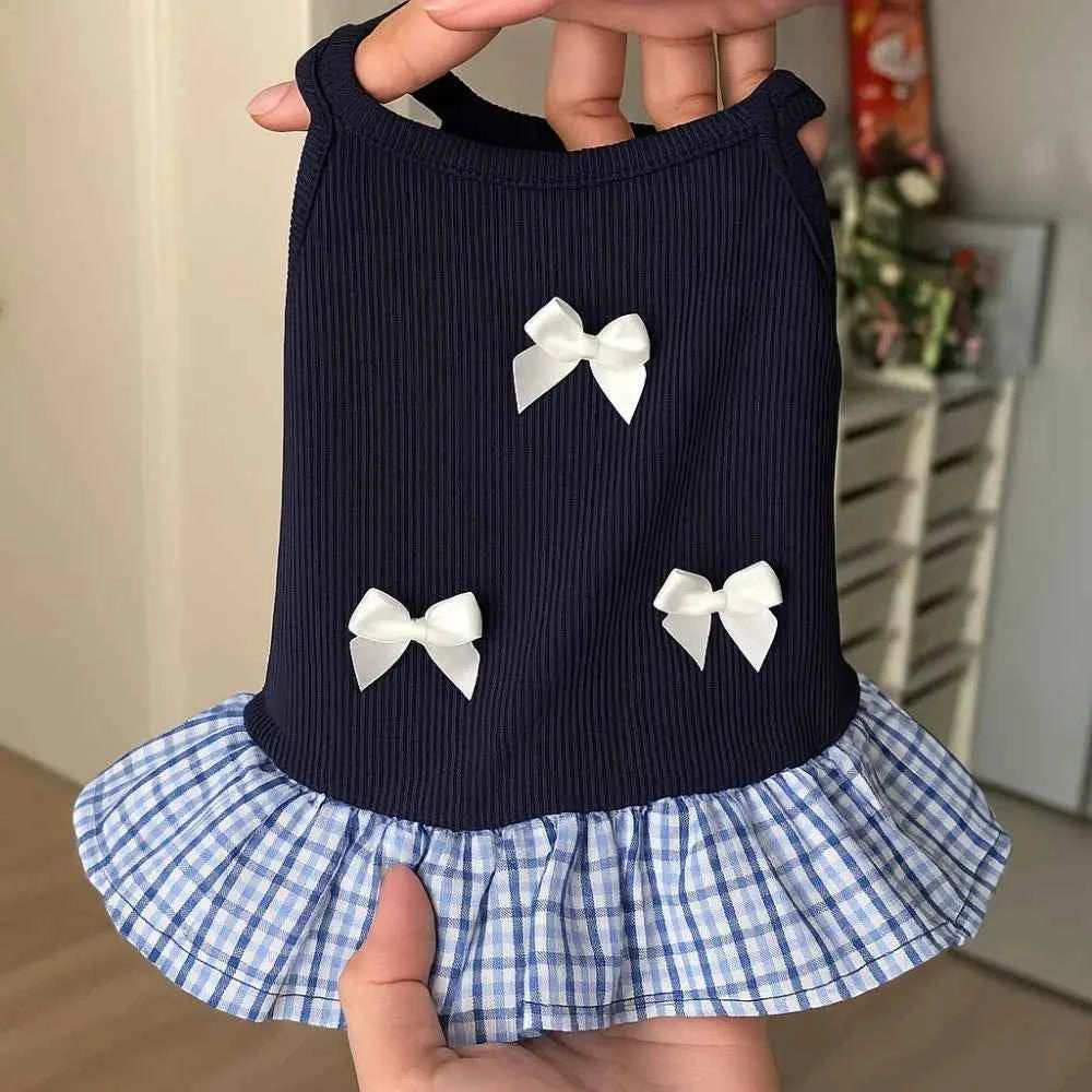 Korean Style Pet Princess Skirt Bowknot Plaid Breathable Summer Apparel